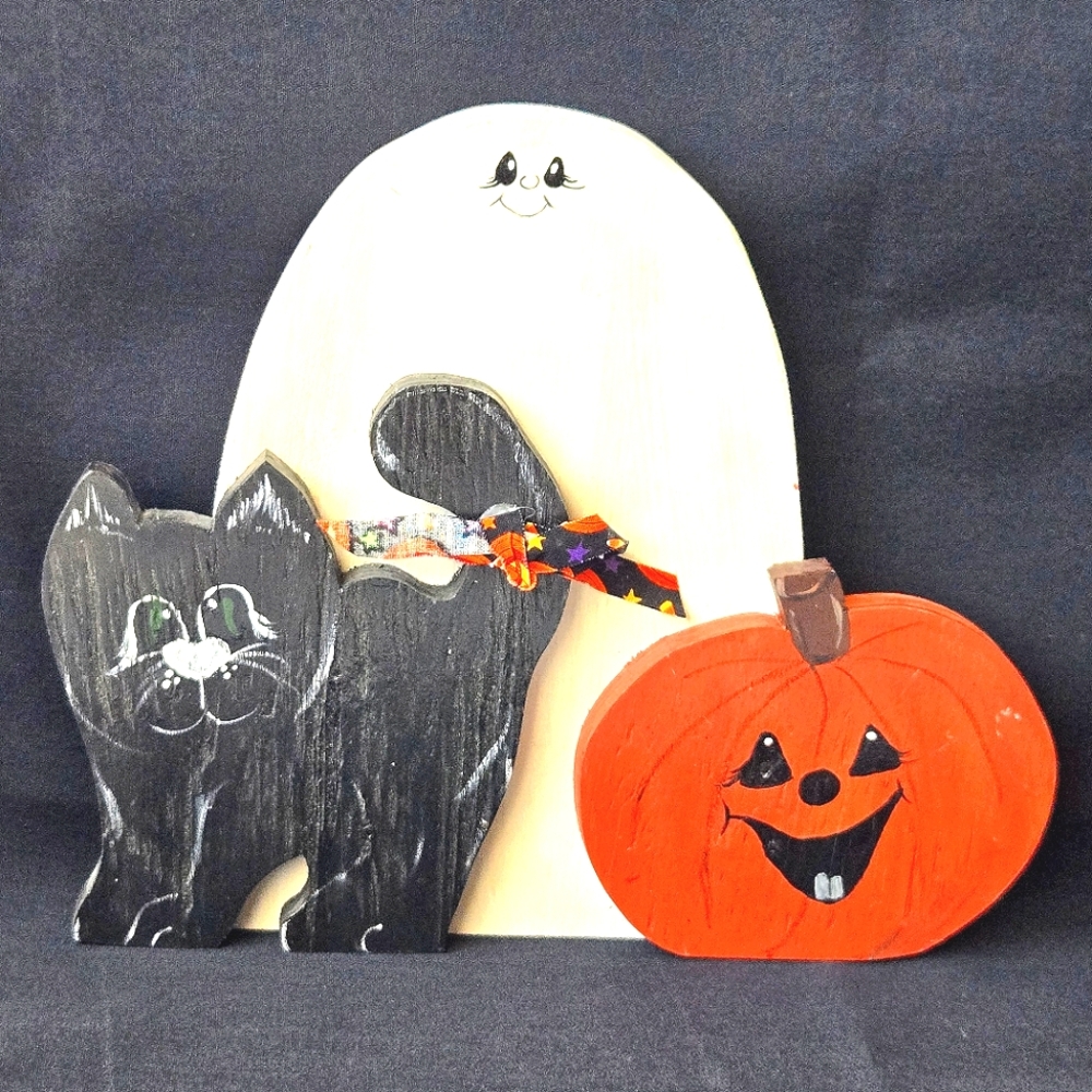 VTG Halloween Trio Handmade Wood Decor-Ghost, Black Cat Pumpkin/Jackolantern